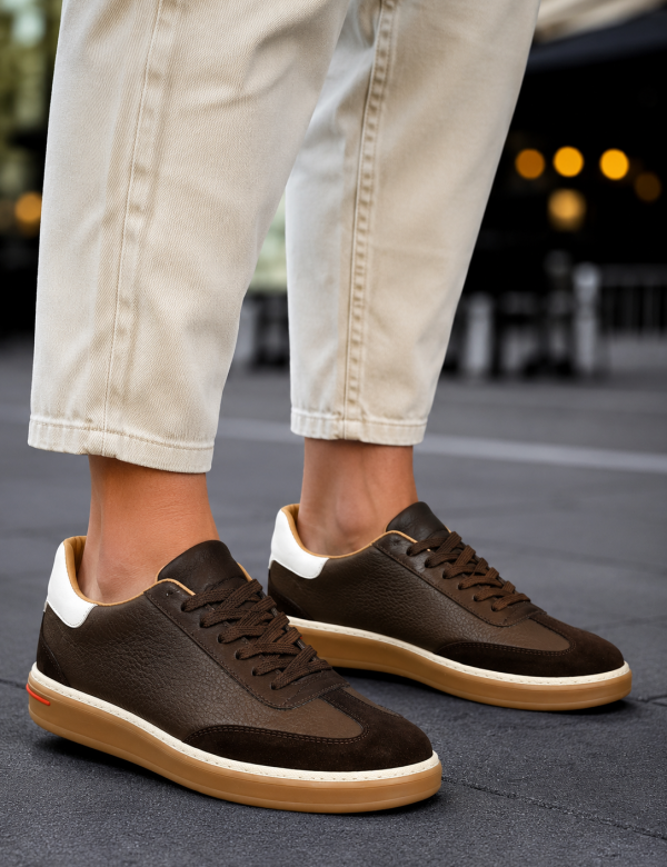 Ανδρικά καφέ δερμάτινα Sneakers με suede λεπτομέρεια HG177817K