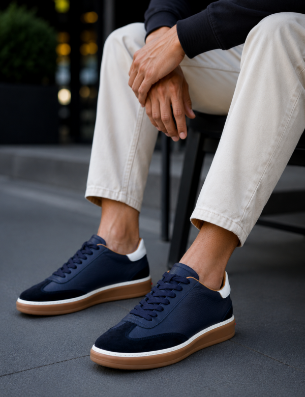 Ανδρικά μπλε δερμάτινα Sneakers με suede λεπτομέρεια HG177817