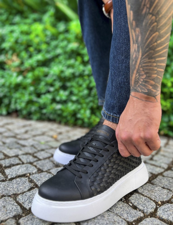 Ανδρικά ασπρόμαυρα sneakers δερματίνη πλεκτό σχέδιο CH203A