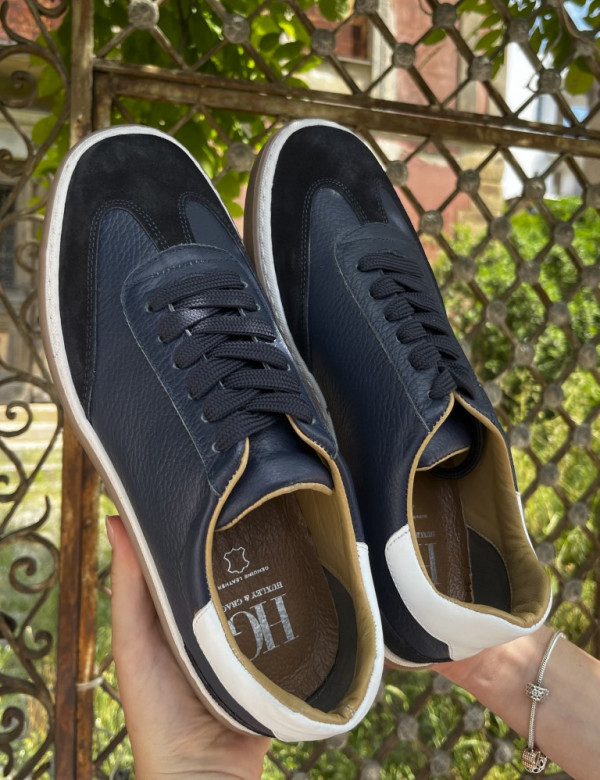 Ανδρικά μπλε δερμάτινα Sneakers με suede λεπτομέρεια HG177817