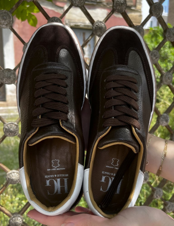 Ανδρικά καφέ δερμάτινα Sneakers με suede λεπτομέρεια HG177817K