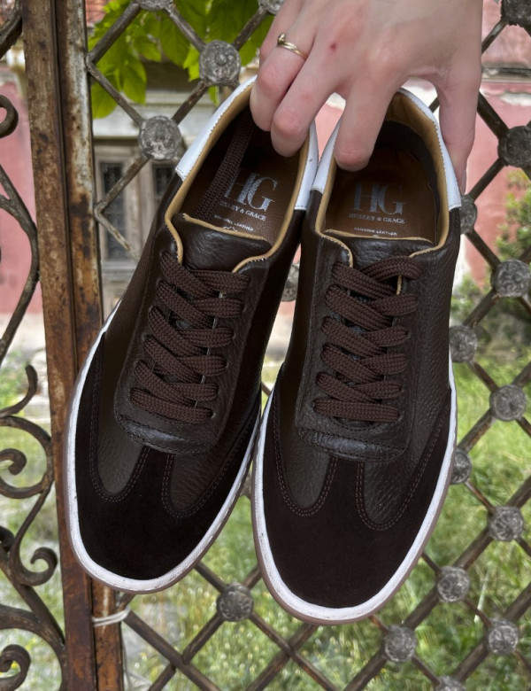 Ανδρικά καφέ δερμάτινα Sneakers με suede λεπτομέρεια HG177817K