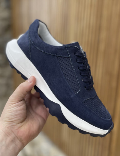 Ανδρικά μπλε δερμάτινα casual Sneakers με λευκή σόλα HG175545B