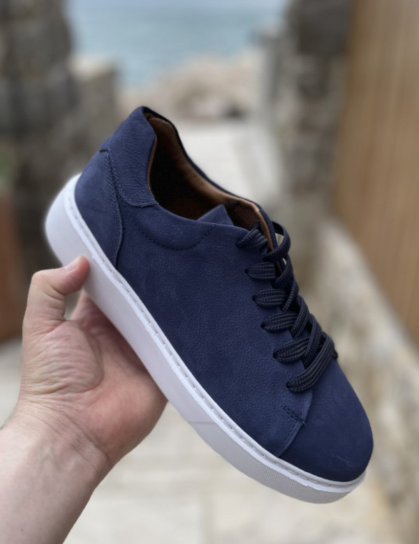 Ανδρικά μπλε δερμάτινα casual sneakers HG175544
