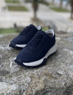 Ανδρικά μπλε δερμάτινα casual Sneakers με λευκή σόλα HG175545B