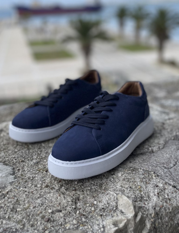 Ανδρικά μπλε δερμάτινα casual sneakers HG175544