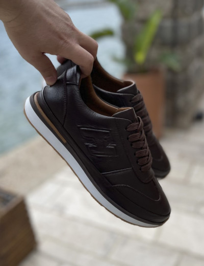 Ανδρικά καφέ δερμάτινα casual Sneakers με ανάγλυφο σχέδιο HG175543K