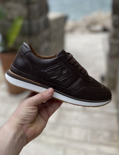 Ανδρικά καφέ δερμάτινα casual Sneakers με ανάγλυφο σχέδιο HG175543K