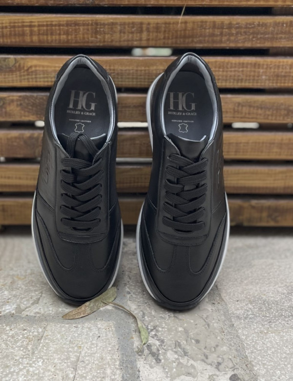 Ανδρικά μαύρα δερμάτινα casual Sneakers με ανάγλυφο σχέδιο HG175543