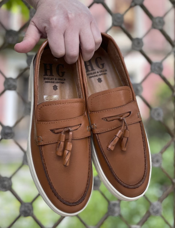 Huxley and Grace ανδρικά ταμπά δερμάτινα loafers με tassels HG174194T