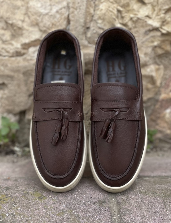 Huxley and Grace ανδρικά καφέ δερμάτινα loafers με tassels HG174194K