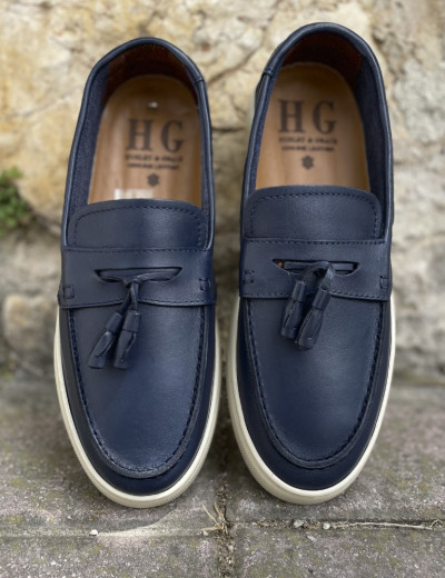 Huxley and Grace ανδρικά μπλε δερμάτινα loafers με tassels HG174194B