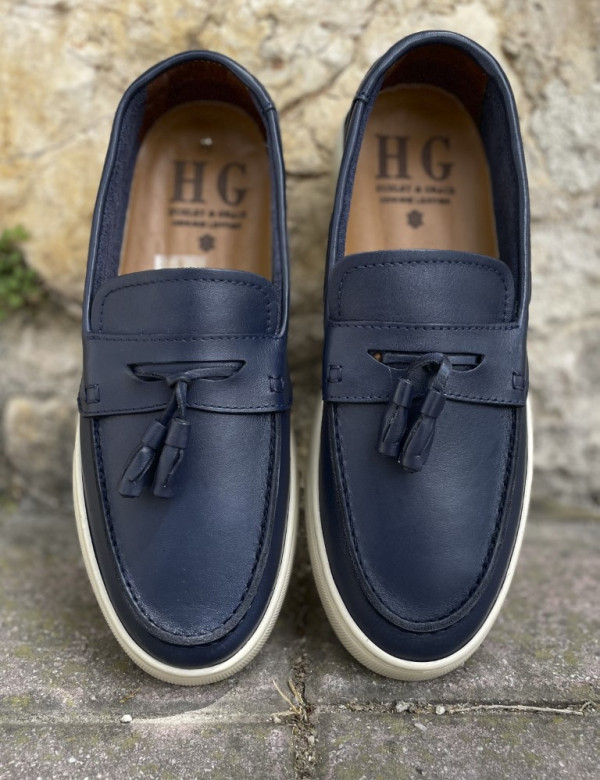 Huxley and Grace ανδρικά μπλε δερμάτινα loafers με tassels HG174194B