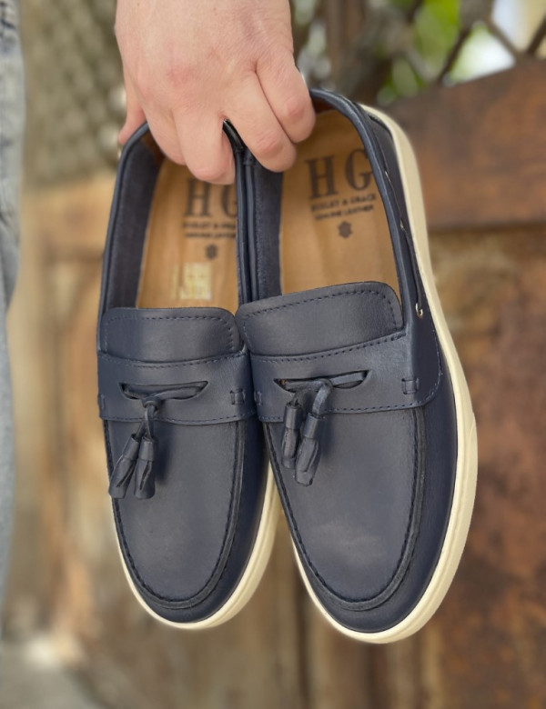 Huxley and Grace ανδρικά μπλε δερμάτινα loafers με tassels HG174194B