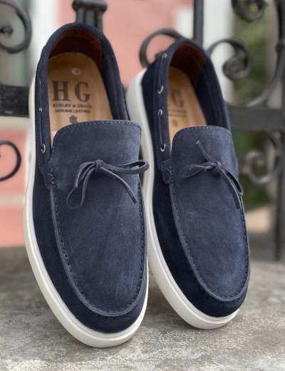 Huxley and Grace ανδρικά μπλε δερμάτινα loafers με κορδόνι HG174193