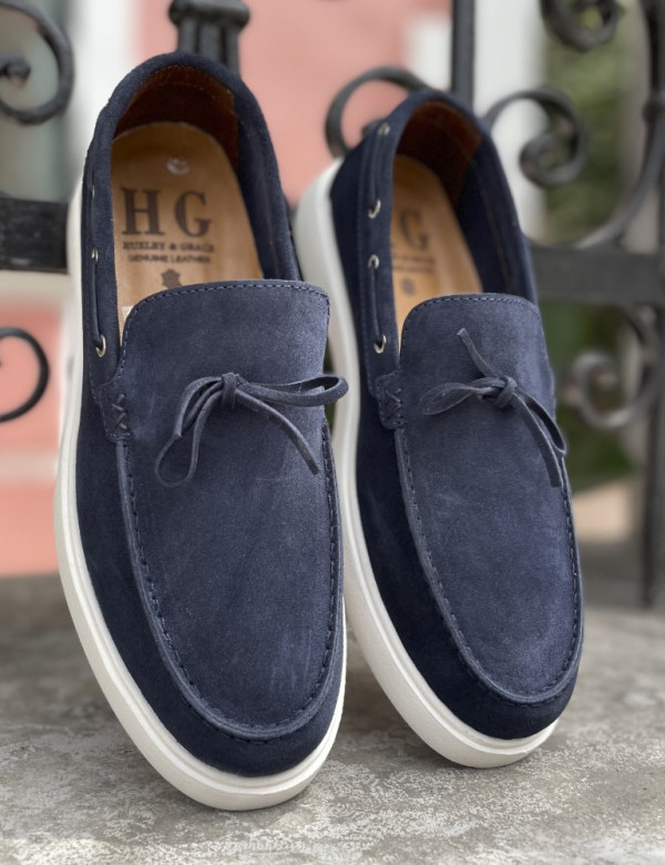 Huxley and Grace ανδρικά μπλε δερμάτινα loafers με κορδόνι HG174193