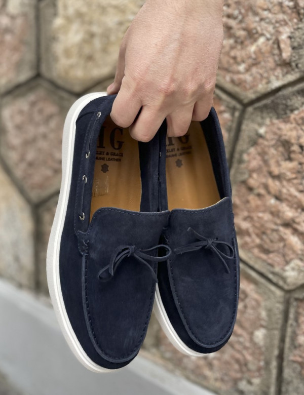 Huxley and Grace ανδρικά μπλε δερμάτινα loafers με κορδόνι HG174193