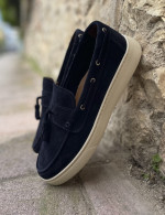 Huxley and Grace ανδρικά μπλε δερμάτινα loafers με tassels HG174191