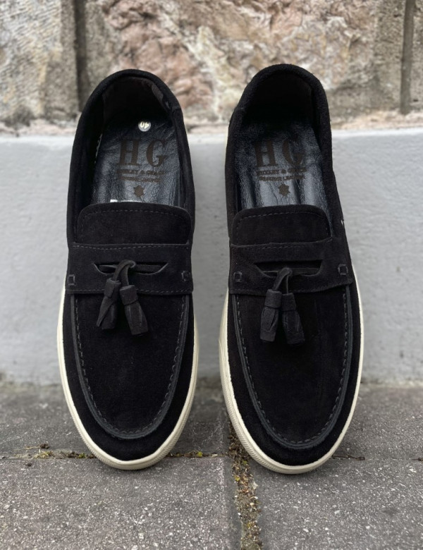 Huxley and Grace ανδρικά μαύρα δερμάτινα loafers με tassels HG174191M